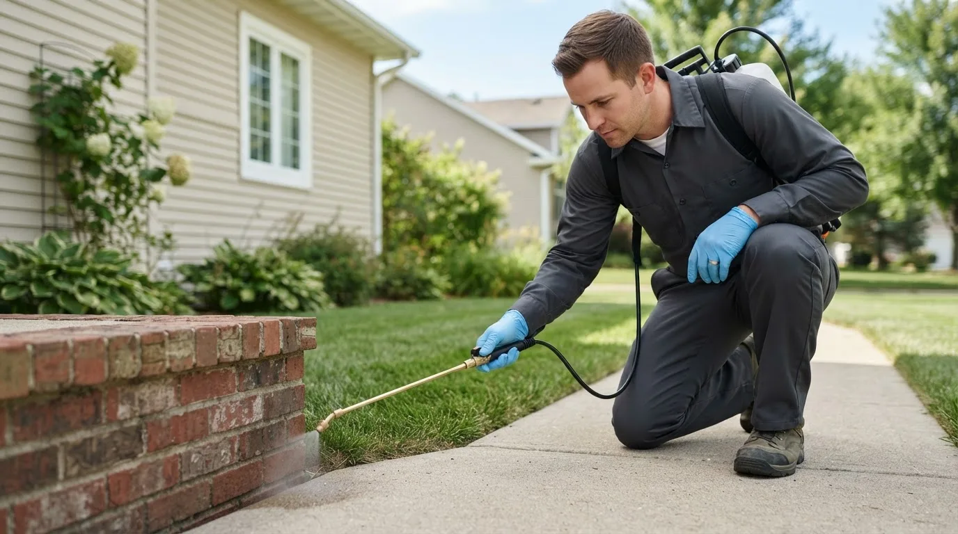 Pest control technician treating a home near Blacksburg, VA